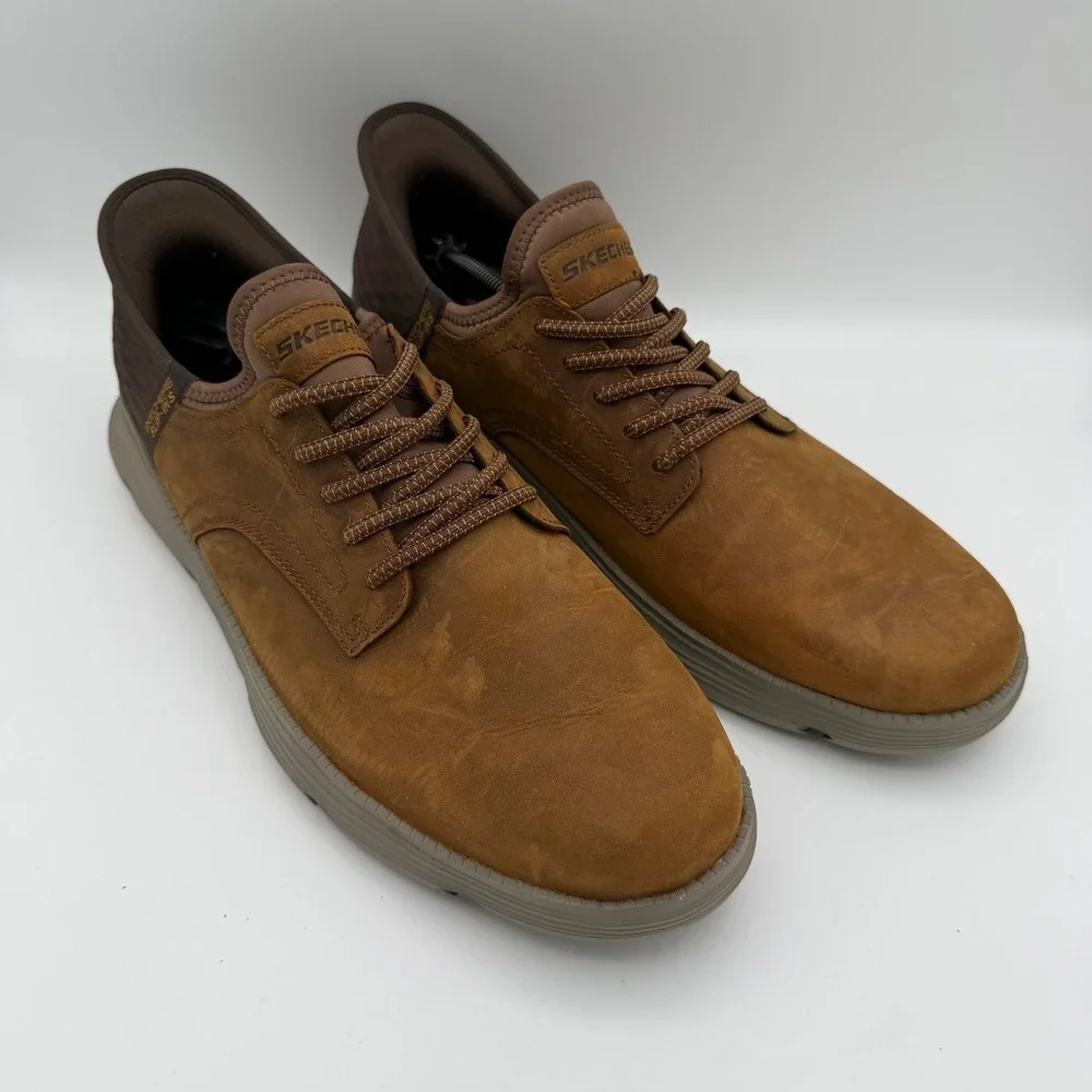 Men's Skechers Garza Gervin Brown Leather Casual Hands Free Slip-Ins Size 14